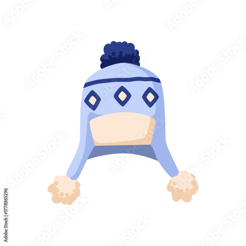Childrens hat. Winter chullo cap with earflaps and pompoms. Warm knitted headwear, kids accessory with pattern, pom-pom, ear flaps. Wool clothing. Flat vector illustration isolated on white background