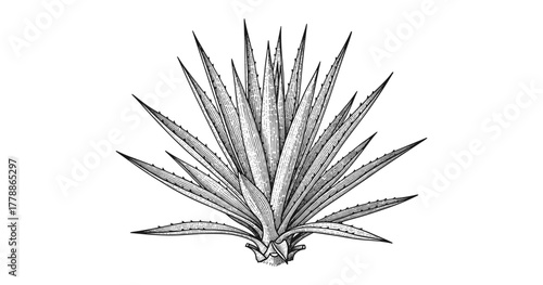Detailed black and white botanical drawing of an aloe plant with sharp leaves