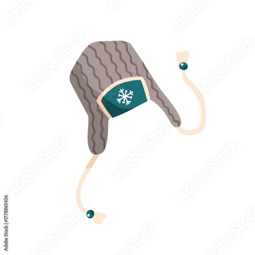Hat, wool cap with earflaps. Kids headwear, chullo, head accessory with ear flaps for cold season. Warm knit wear with pompom, string ties. Flat vector illustration isolated on white background