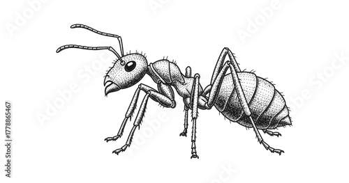 Detailed vintage engraving of an ant in black and white