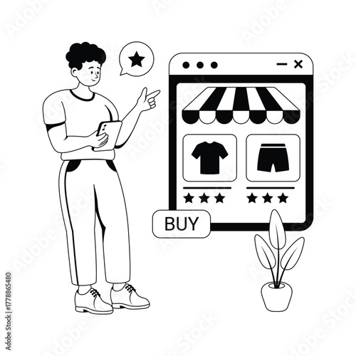 Man purchasing clothes from online e commerce website, concept Glyph vector