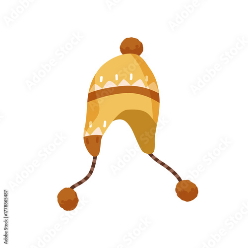 Winter hat, chullo cap. Cold season accessory, headwear. Warm wool knitted head wear with earflaps, pattern, pompom. Kids knitwear with ear flaps. Flat vector illustration isolated on white background