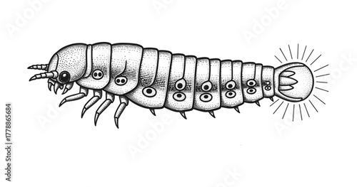 Intricate dotwork firefly larva with detailed segments and glowing tail