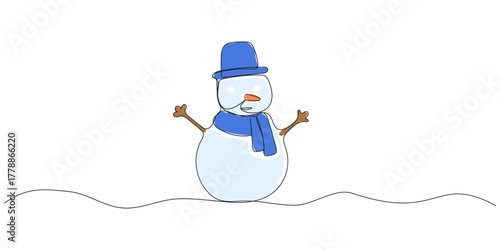 Continuous one line drawing of christmas Snowman in hat with scarf. Cute Winter character in doodle style. Vector illustration