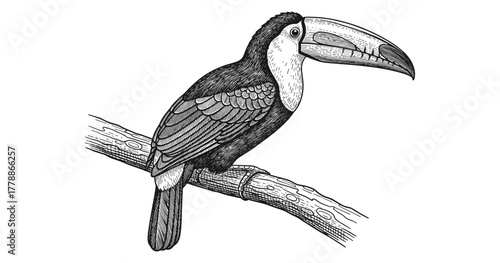 Detailed hand drawn toucan perched on branch ink artwork