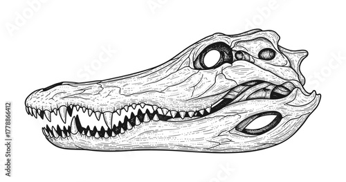 Detailed alligator skull in black and white line art style