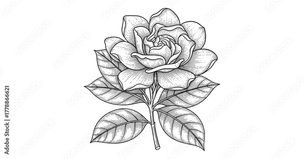 Fototapeta premium Elegant hand drawn rose with leaves in vintage style