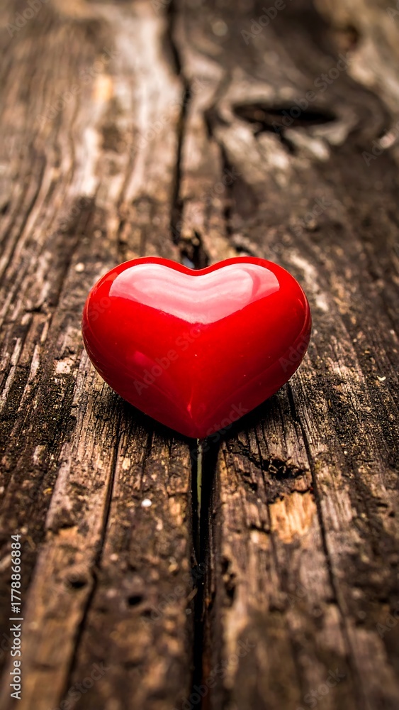 Fototapeta premium A vibrant red heart rests on a weathered, textured wooden surface