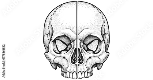 Intricate skull art with detailed dotwork in black and white