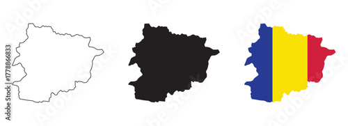 Andorra map vector set with editable country outline black silhouette and national flag featuring blue yellow red vertical stripes with coat of arms for geography and education illustrations