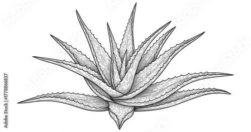 Detailed botanical art of aloe plant in intricate black and white engraving style