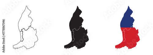Liechtenstein map vector set with editable country outline black silhouette and national flag featuring blue and red horizontal stripes with gold crown for geography and education illustrations