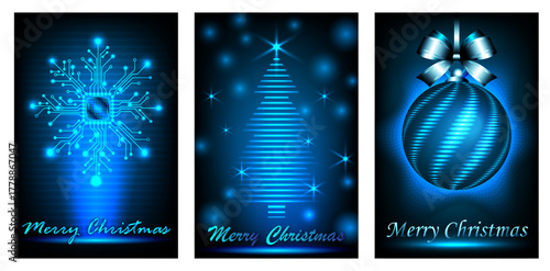 Cyberpunk themed Christmas card set in glowing neon blue features circuit snowflakes, a digital Christmas tree, and high-tech baubles. Merry Christmas, futuristic style!