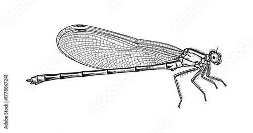 Intricate dragonfly sketch with detailed wing patterns on white background