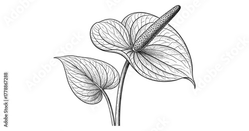 Detailed botanical drawing of anthurium with intricate leaf patterns