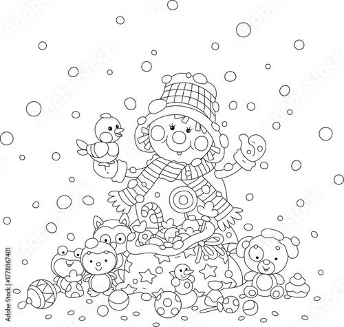 Cute snowman and its bag full of winter holiday gifts with toys and sweets for little kids, black and white outline vector cartoon illustration for a coloring book