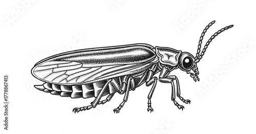 Detailed black and white engraving of a beetle with intricate patterns