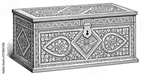 Ornate wooden box with intricate floral carvings in vintage style