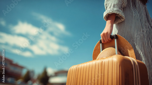 Woman standing holding suitcase