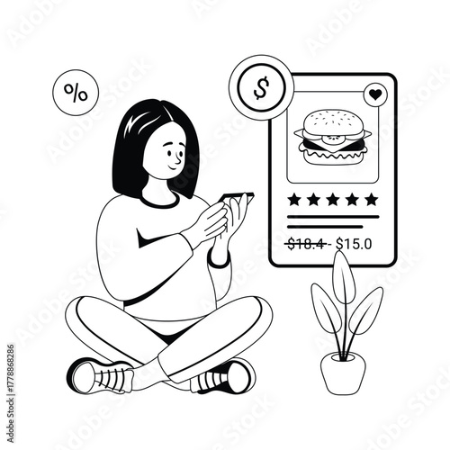 Glyph illustration of a woman ordering discounted meal through mobile app,