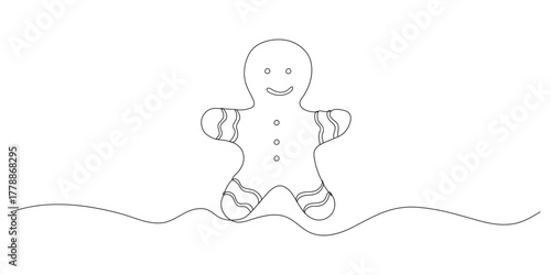 Christmas gingerbread man Continuous one line drawing on white background.