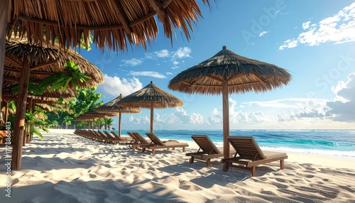 Fototapeta Naklejka Na Ścianę i Meble -  Golden Hour Remote Island Paradise With Shallow Turquoise Water White Sand Beach Lined With Palm Thatch Umbrellas and Lounge Chairs Under a Blue Sky With Wispy Clouds
