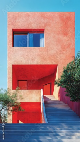Modern terracotta and vibrant red architecture with blue staircase. Suitable for design, travel, real estate blogs, or articles on Mediterranean or colorful housing