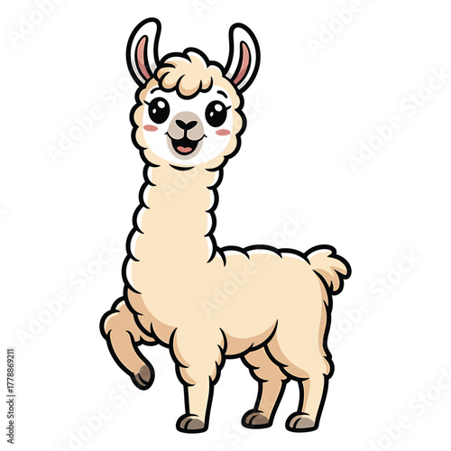 Cute llama cartoon standing adorable alpaca character with fluffy fur and friendly expression, perfect for childrens illustration