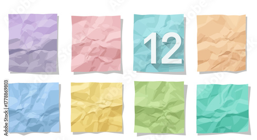 Assorted textured and crumpled paper sheets in pastel hues with numbering, perfect for backgrounds