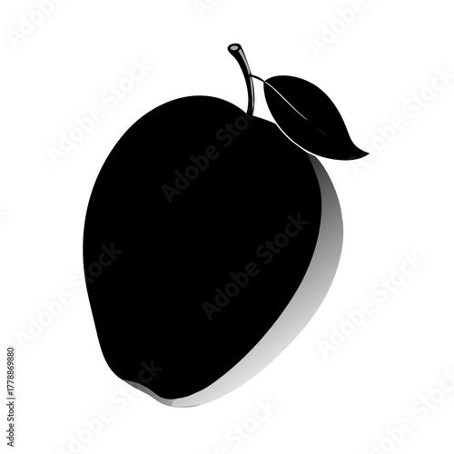 Black Mango or Tropical Fruit Silhouette Vector Icon with Leaf and Shading