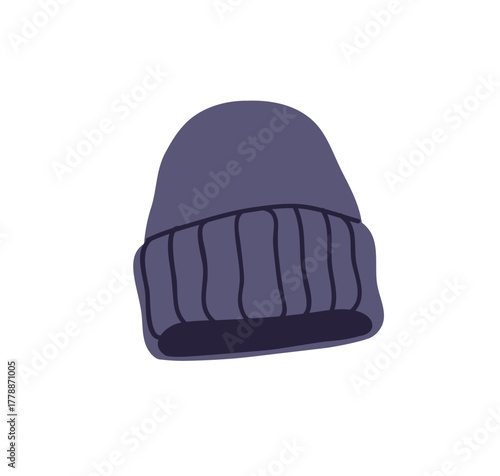 Knitted winter beanie hat with fold, turn-up hem. Woolen head wear, autumn ou...