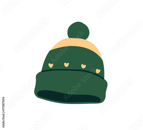 Hat, warm knitted beanie. Winter season woolen headwear with pompom. Wool head wear. Cozy cap with heart pattern. Knitwear for cold weather. Flat vector illustration isolated on white background