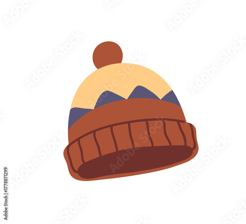 Winter hat. Woolen cap, warm beanie with pompom. Knitted wool head accessory, wear. Knitwear with pattern and brim, hem. Soft headwear. Flat vector illustration isolated on white background
