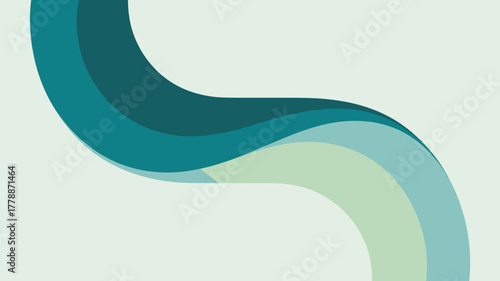 A minimalist design showing a curved wave pattern in shades of teal on a light gray background color