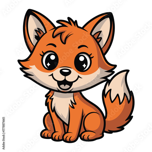 A cute cartoon fox with big eyes and a bushy tail, the fox is sitting down and smiling, looking friendly and approachable