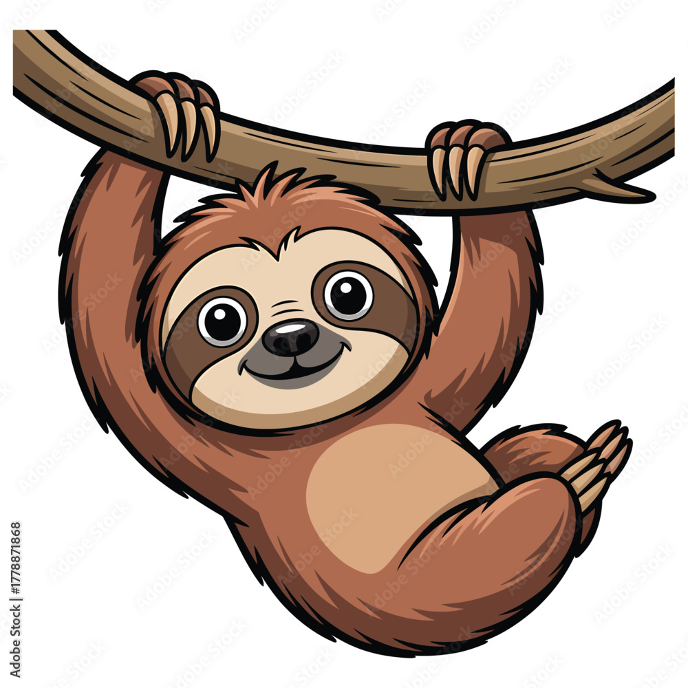 Naklejka premium A cute sloth hanging from a tree branch, showcasing its adorable face and relaxed posture, perfect for childrens books and educational materials
