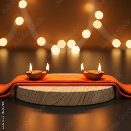 Diwali celebration with lit diyas on a wooden platform.