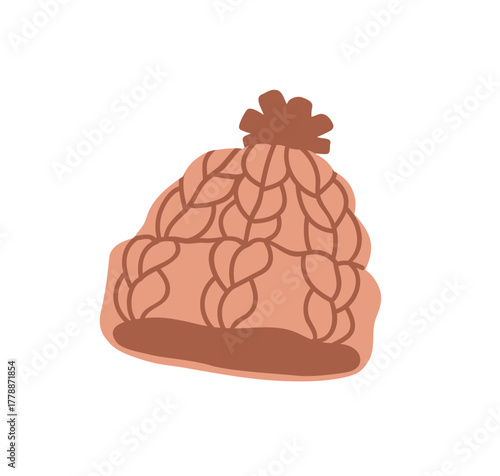 Winter hat. Warm beanie with braided cable knit pattern and pompom. Soft thick wool cap for cold season. Headwear, head accessory in modern style. Flat vector illustration isolated on white background