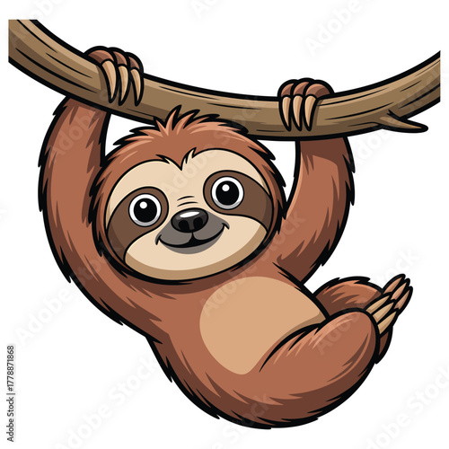 A cute sloth hanging from a tree branch, showcasing its adorable face and relaxed posture, perfect for childrens books and educational materials