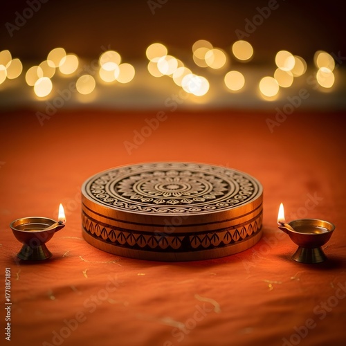Diwali Celebration: Lit Diyas and Decorative Box with Bokeh Lights.