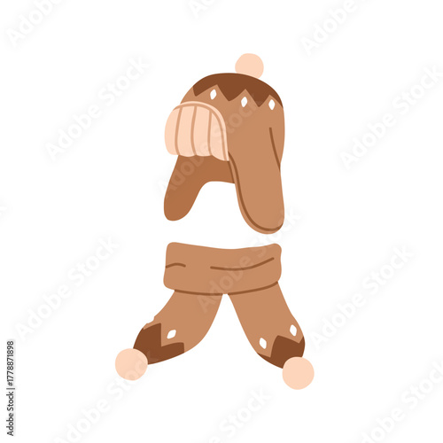 Hat and scarf, thick knitted winter clothing. Warm wool cap with earflaps and pompom. Cold season accessory, apparel. Knitwear with pom-pom. Flat vector illustration isolated on white background