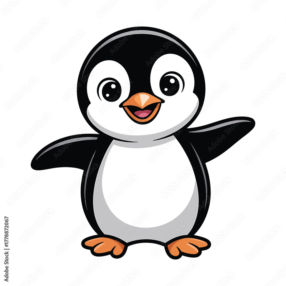 Fototapeta premium Cute cartoon penguin waving its wings, the adorable bird has a cheerful expression and is ready for any adventure