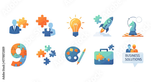Concept of business strategy and planning with puzzle elements and creative icons