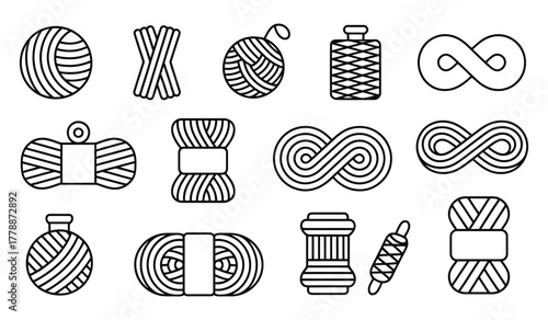 Sewing and knitting supplies icon set. Thread spool, yarn ball, pincushion collection. Handmade craft, needlework, and tailor equipment. Minimalist vector Set