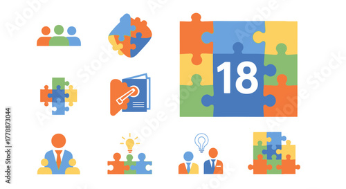 Illustrations showing team work with puzzle pieces and ideas, for project management and solution