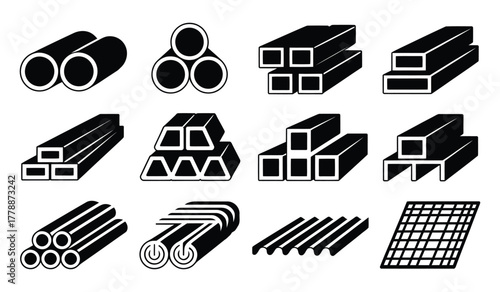 Metal and Steel Products Black Silhouette Icons Set Construction Rolled Metal Shapes and Pipe Icons