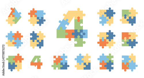 Creative arrangement of jigsaw puzzle pieces illustrating the number four puzzle concept