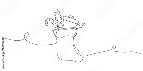 Continuous line drawing of a retro Christmas stocking with gifts inside, candy cane. Christmas illustration in line style.