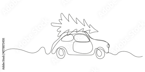 Continuous line drawing of a car carrying a Christmas tree. Doodle drawing of a car and a tree.