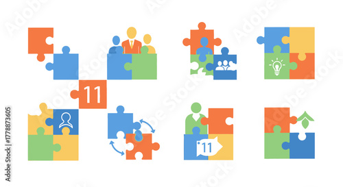 Diverse puzzle combinations representing teamwork collaboration and strategic problem solving